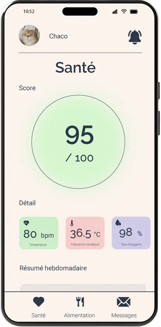 Preview of the BioPet+ app showing a cat’s health data