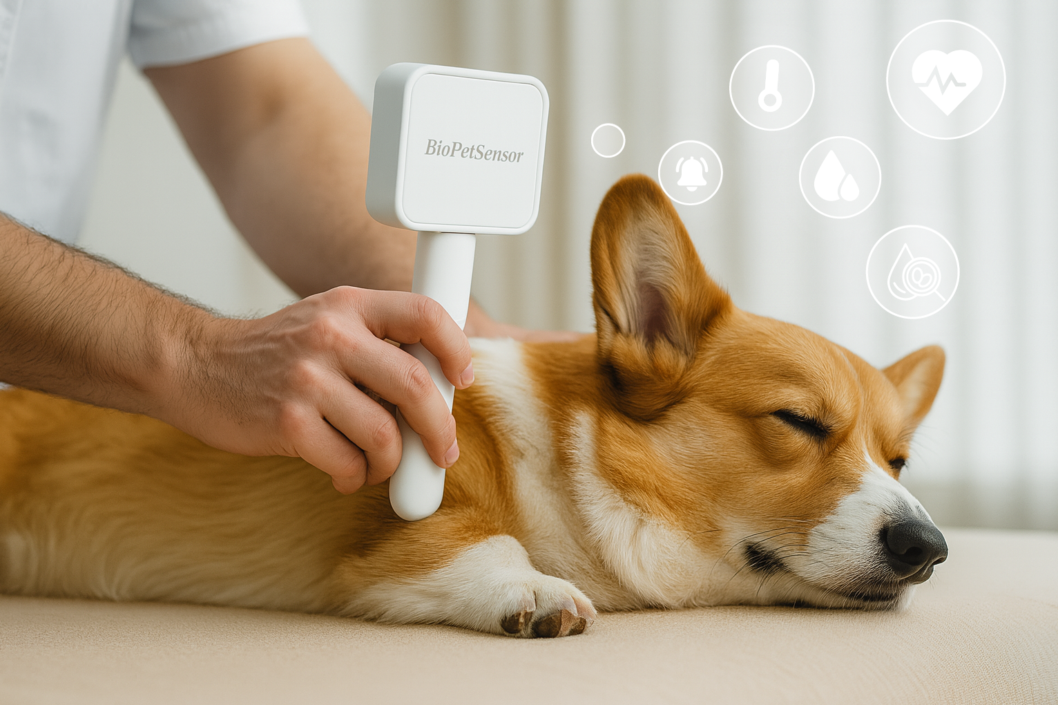 Sleeping Corgi; a veterinarian holds the BioPetReader, with measured data shown as bubbles