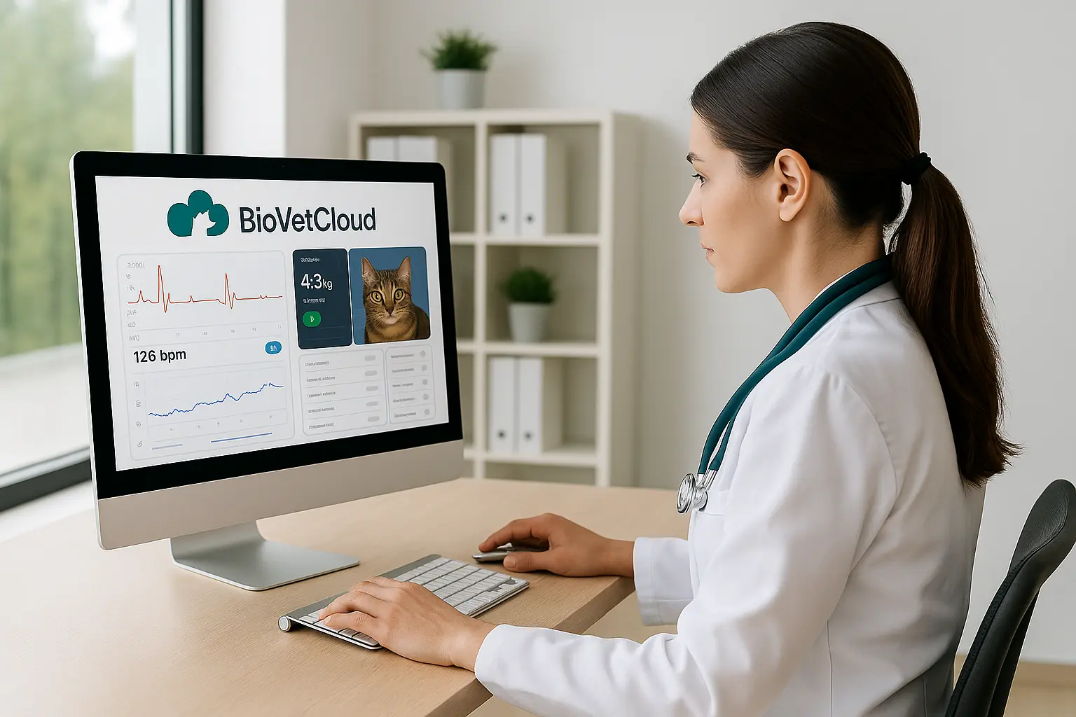 Veterinarian viewing BioVetCloud on a screen